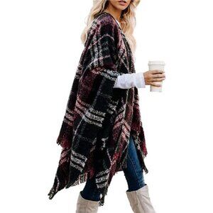 Women's Boho Open Front Poncho Knitted Plaid Shawl Wrap Cape Tassel Cardigan